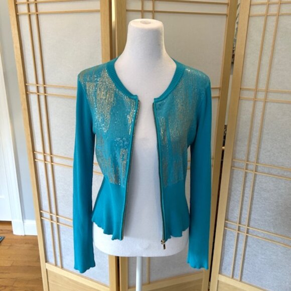 Cache Aqua/ Teal Sequin Zip-Front Sweater – Size M - Picture 3 of 5
